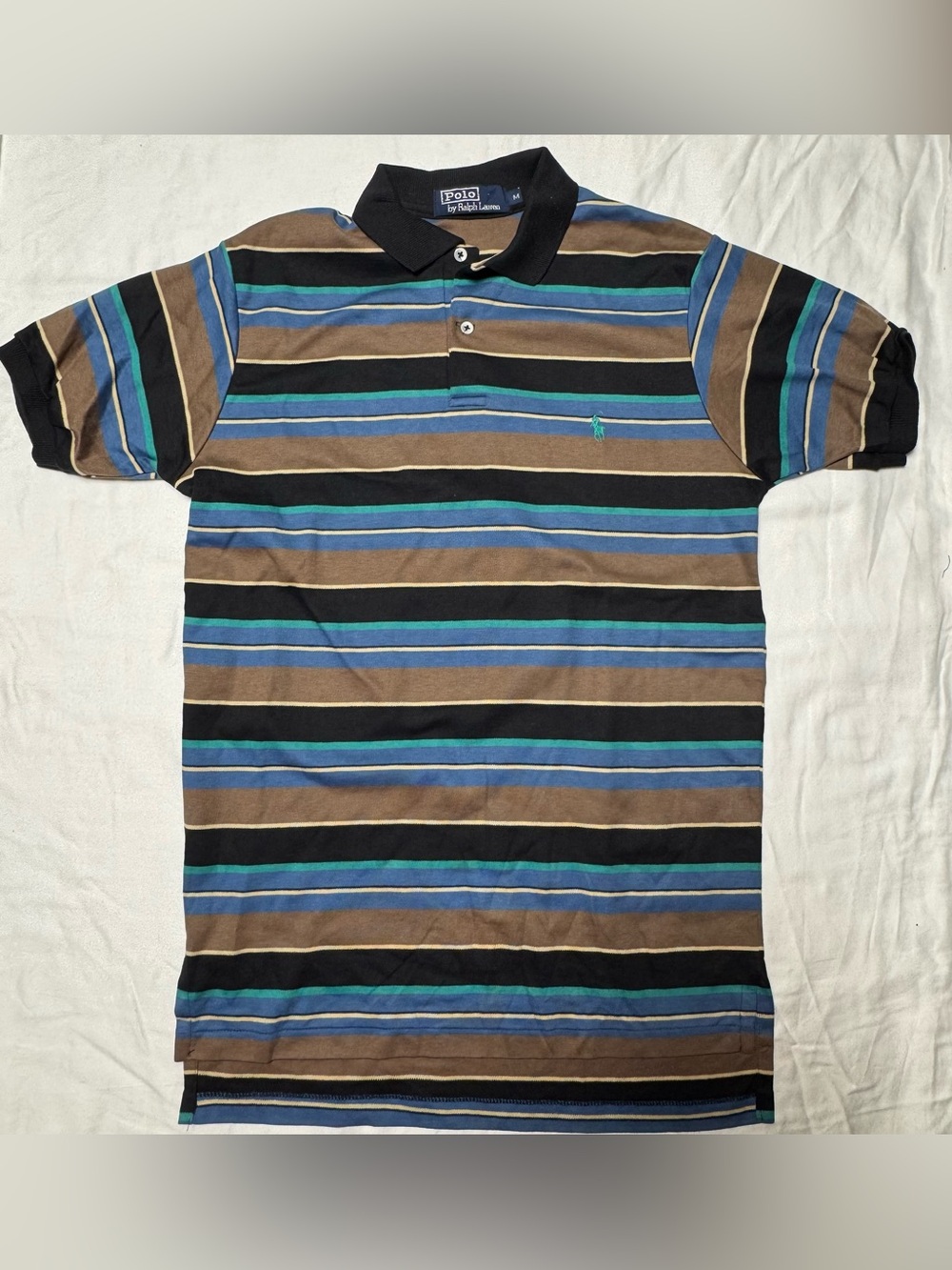 Vintage Ralph Lauren Men’s Striped Polo Shirt - Brown, Blue, Black